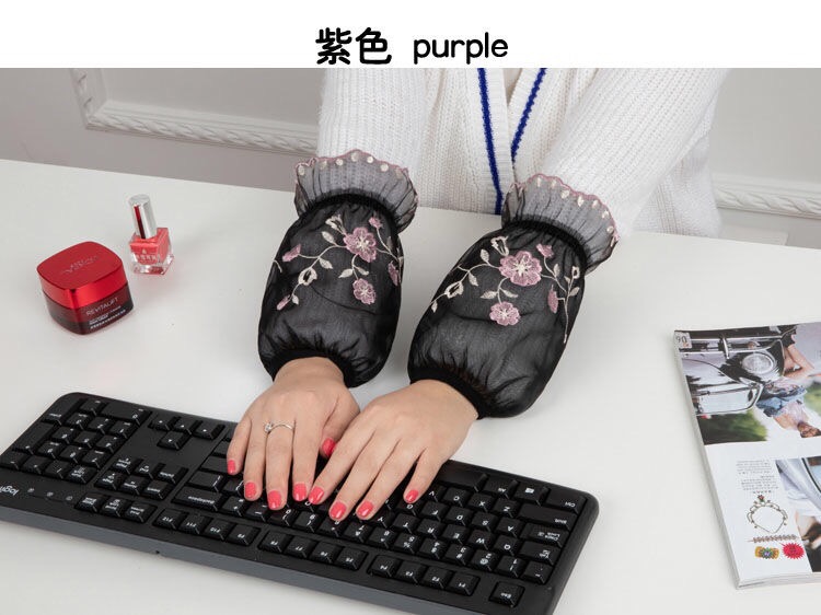 袖套女短款蕾丝秋冬季套袖工作韩版学生成人可爱防脏家务防污护袖紫色