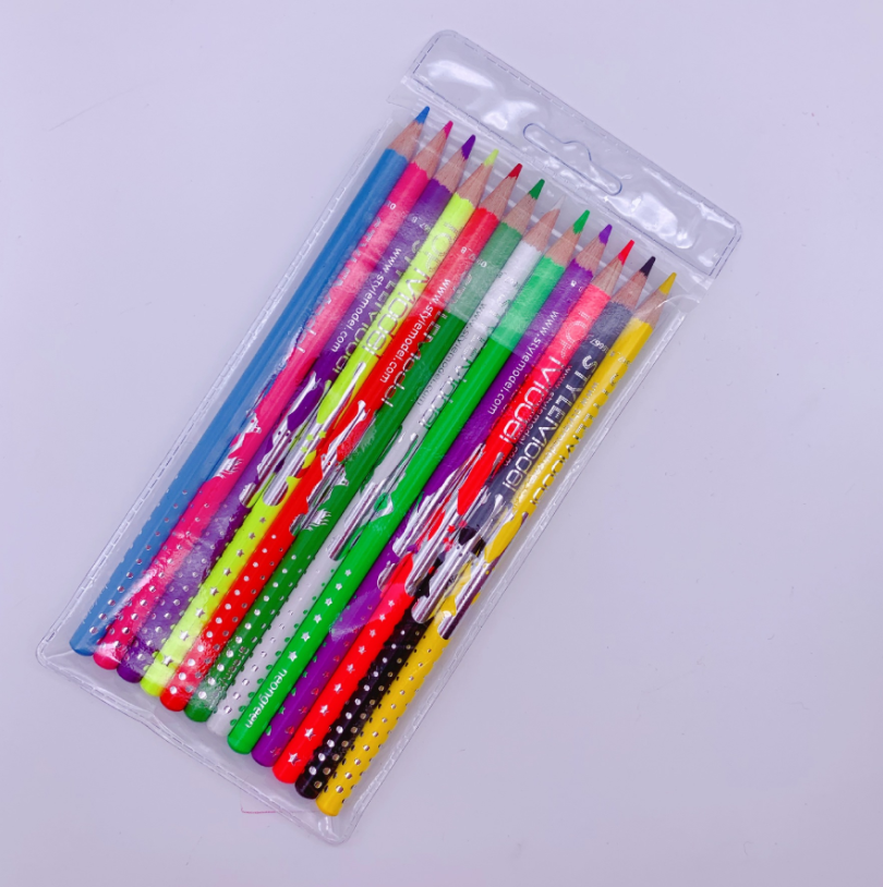 厂家直销圆杆荧光漆彩铅12色儿童绘画彩色铅笔产品图