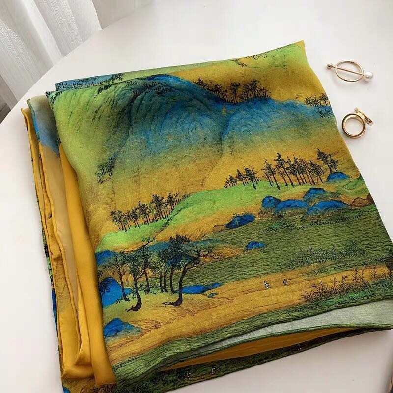 Chinese Style Oil Painting Heavy Silk Scarf Silk Scarf details Picture
