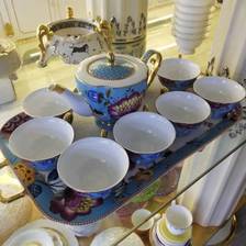 紫荆花蓝骨质瓷描金带金边一壶八杯带托盘咖啡杯