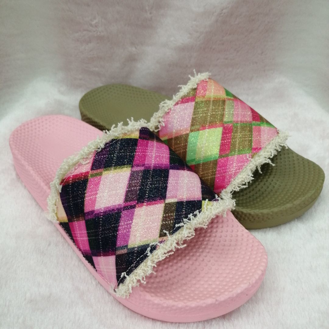 Matching Color Chequered Rough Edge Slippers New Summer Wear A Word Fashion Sandals Burst Female Drag