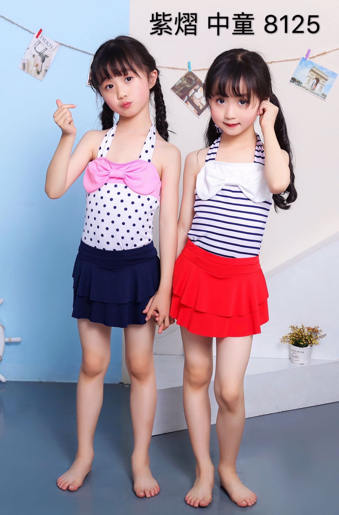 2020新款儿童泳衣可爱女童蝴蝶结分体裙女孩泳衣中童学生原点条纹泳装款号8125牛奶丝11 尺码2色