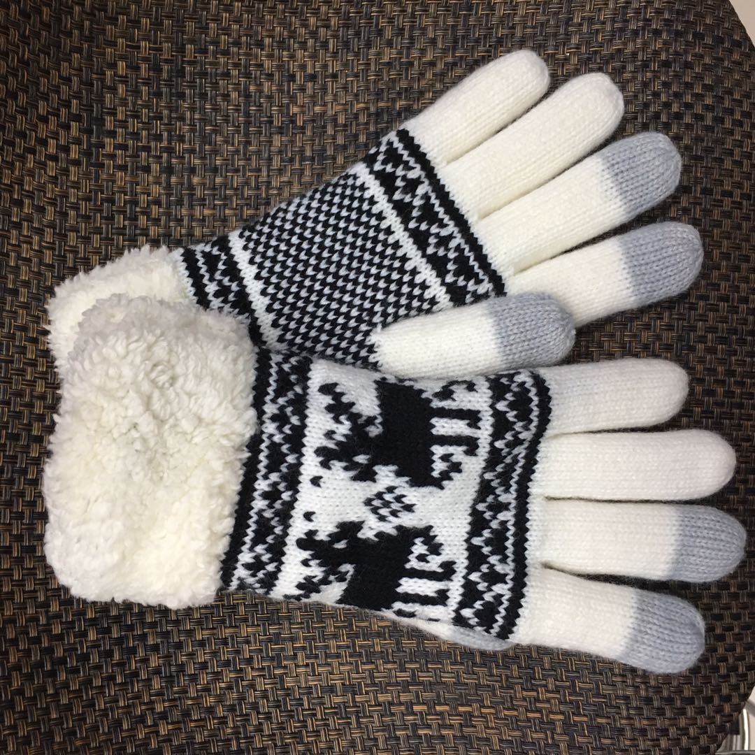 手套女冬季韩国保暖双层加厚花纹户外针织毛线连指