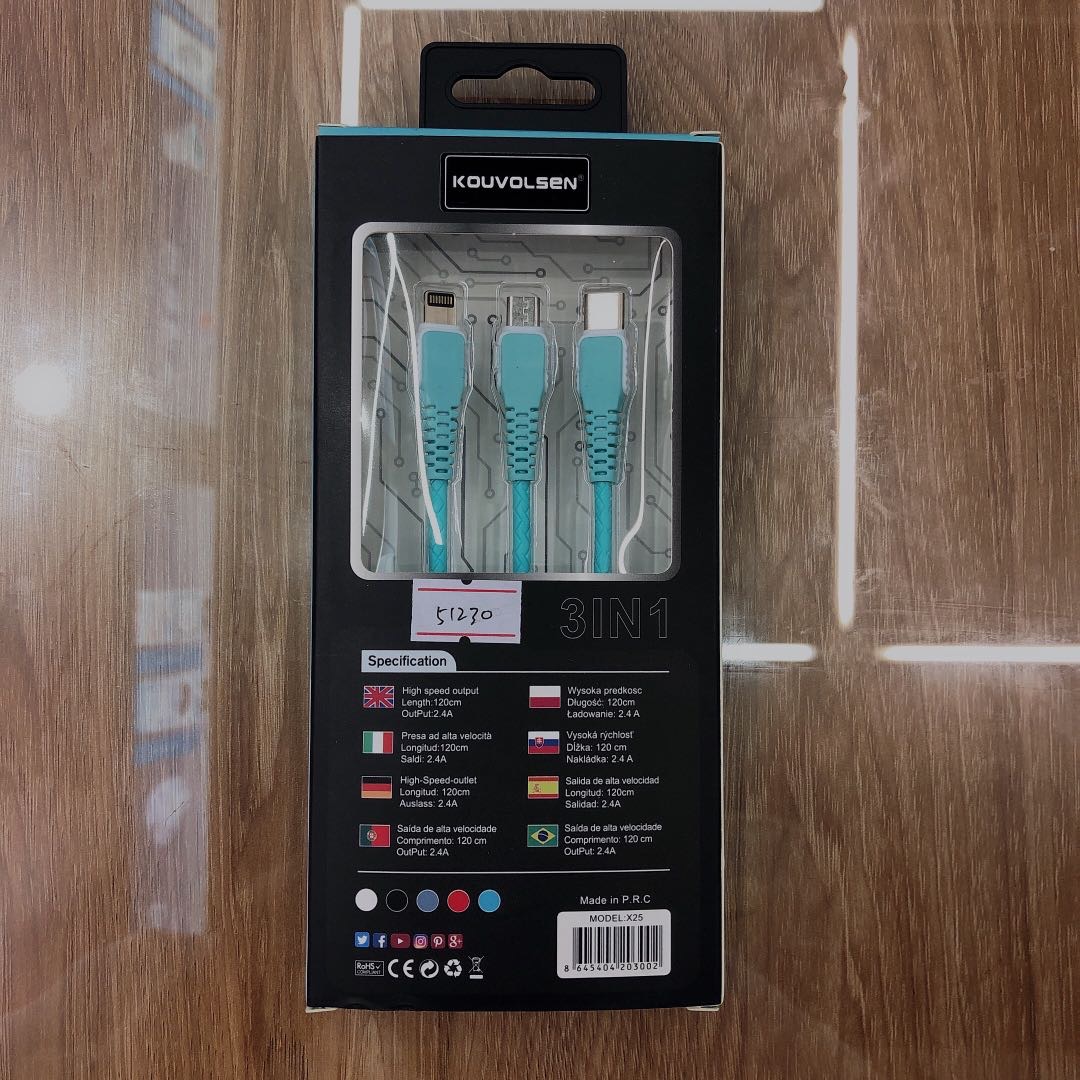 Blue 3-head data cable, high-speed fast charging, flash charging, original usb charger, genuine product, suitable for Huawei and Apple mobile phones, universal data cable wholesale Specification image