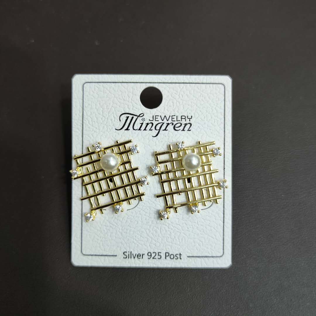 South Korea's new S925 silver needle irregular pearl zircon earrings geometric hollow mesh earrings thumbnail