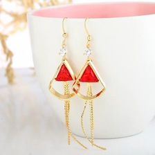 韩国潮流金色扇形环链条坠子三角宝石水晶钻石女气质耳饰