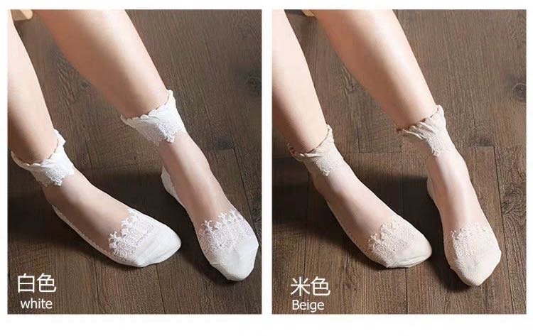 韩国蕾丝花边女士纯棉底防滑短丝袜中筒玻璃丝透明隐形袜子详情图2