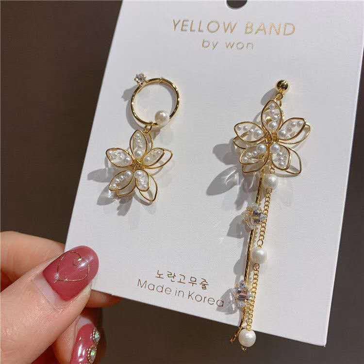 Korean fashion trend alloy hollowed-out flower circle pearl pendant string gemstone women's elegant earrings