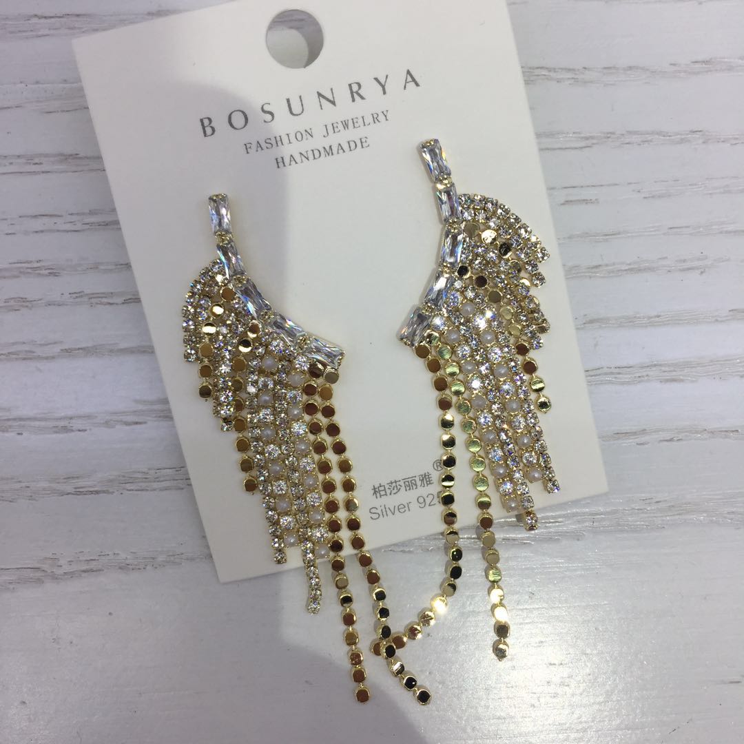 925 silver needle artificial rhinestone tassel earrings, long earrings, feminine charm, European and American exaggerated personality earrings and earrings Specification image
