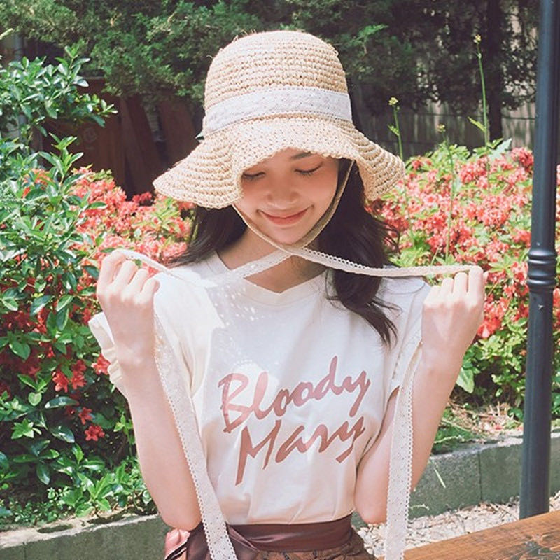 手工草帽女夏季韩版大檐折叠遮阳帽宽檐钩针蕾丝系带防晒沙滩帽