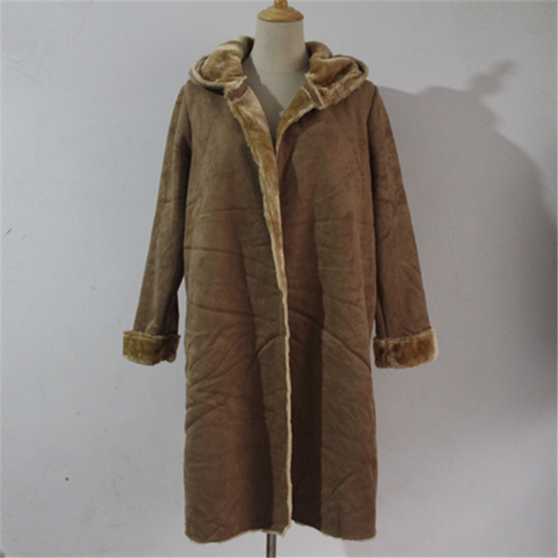 加绒加厚中长款皮毛一体保暖外套女仿麂皮连帽中长款外套大衣