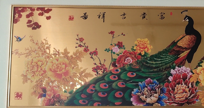 Shangshu Home Furnishing 80X160cm Wealth and Auspiciousness Peacock Handcrafted Wood Carving Decorative Painting details Picture