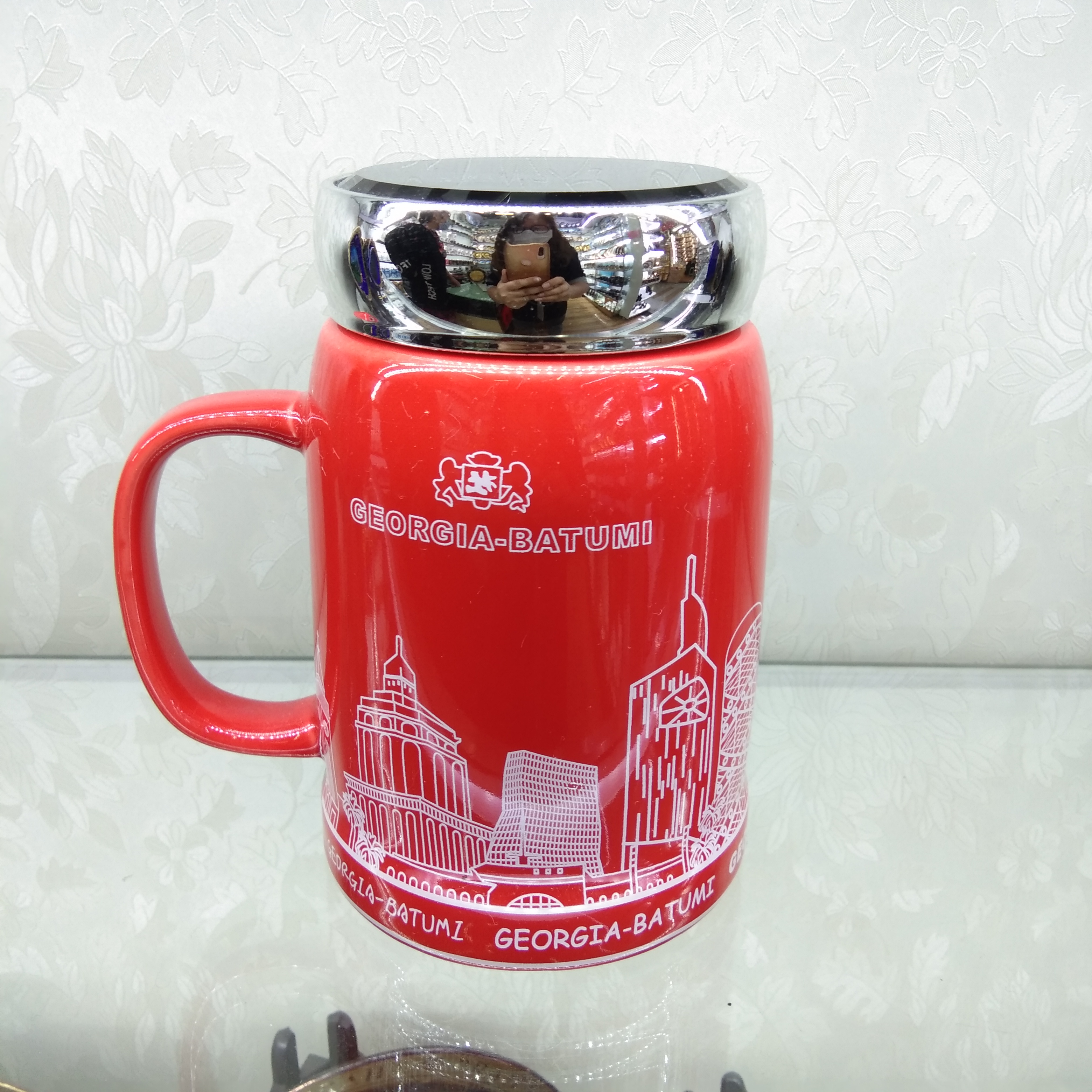 陶瓷工艺7946红色带盖不绣钢陶瓷杯子马克杯创意咖啡杯家用杯批发陶瓷工艺047