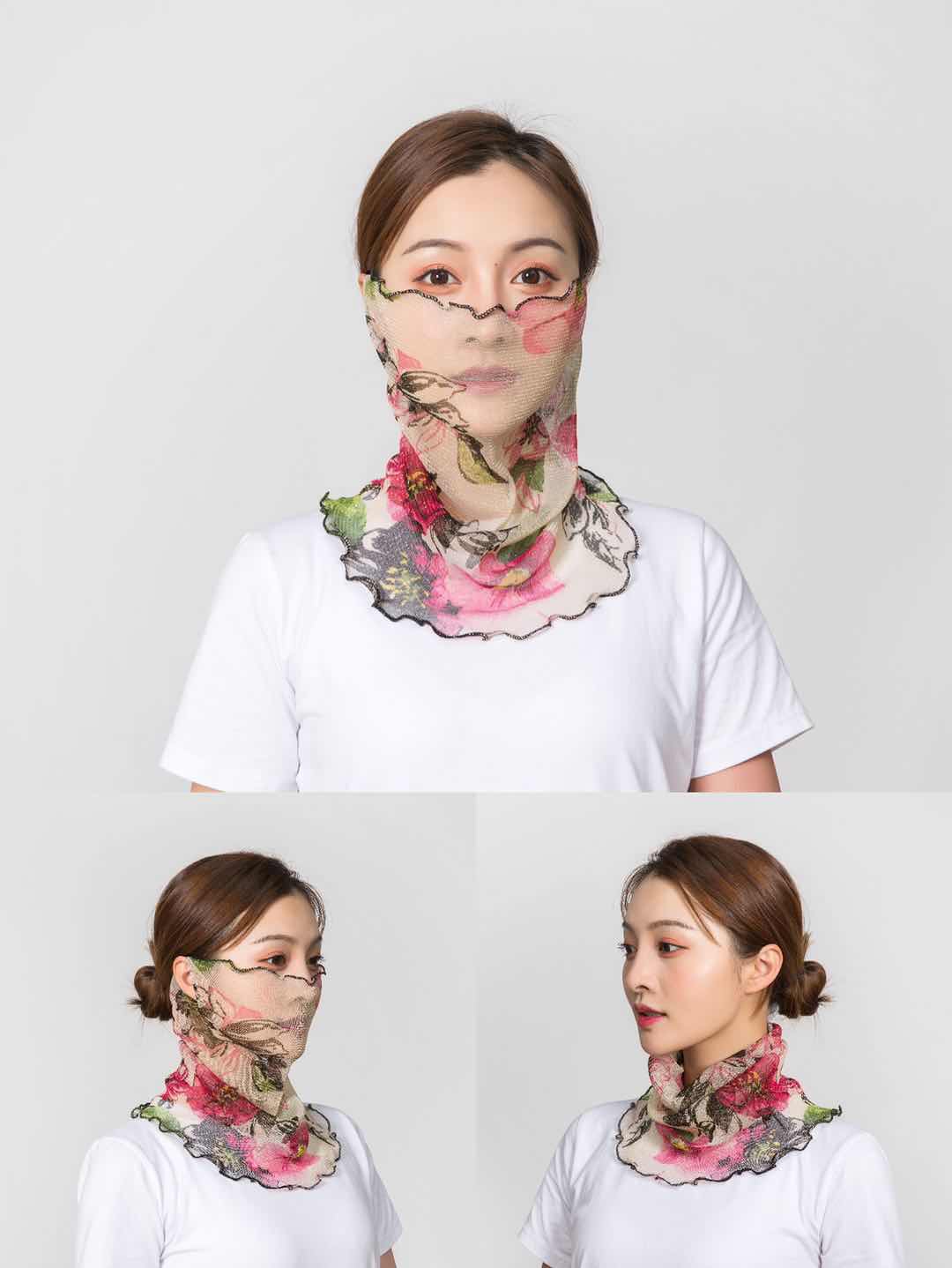 挂耳面纱围巾夏季防晒护颈薄款百变脖套遮脸丝巾套头假领子围脖女面纱