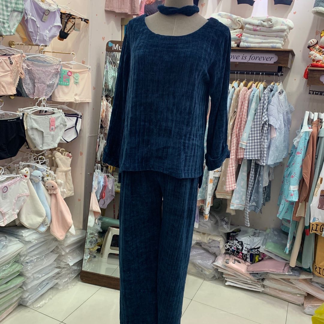 2020春秋季女士居家服蓝色长袖长裤发带舒适柔软睡衣套装