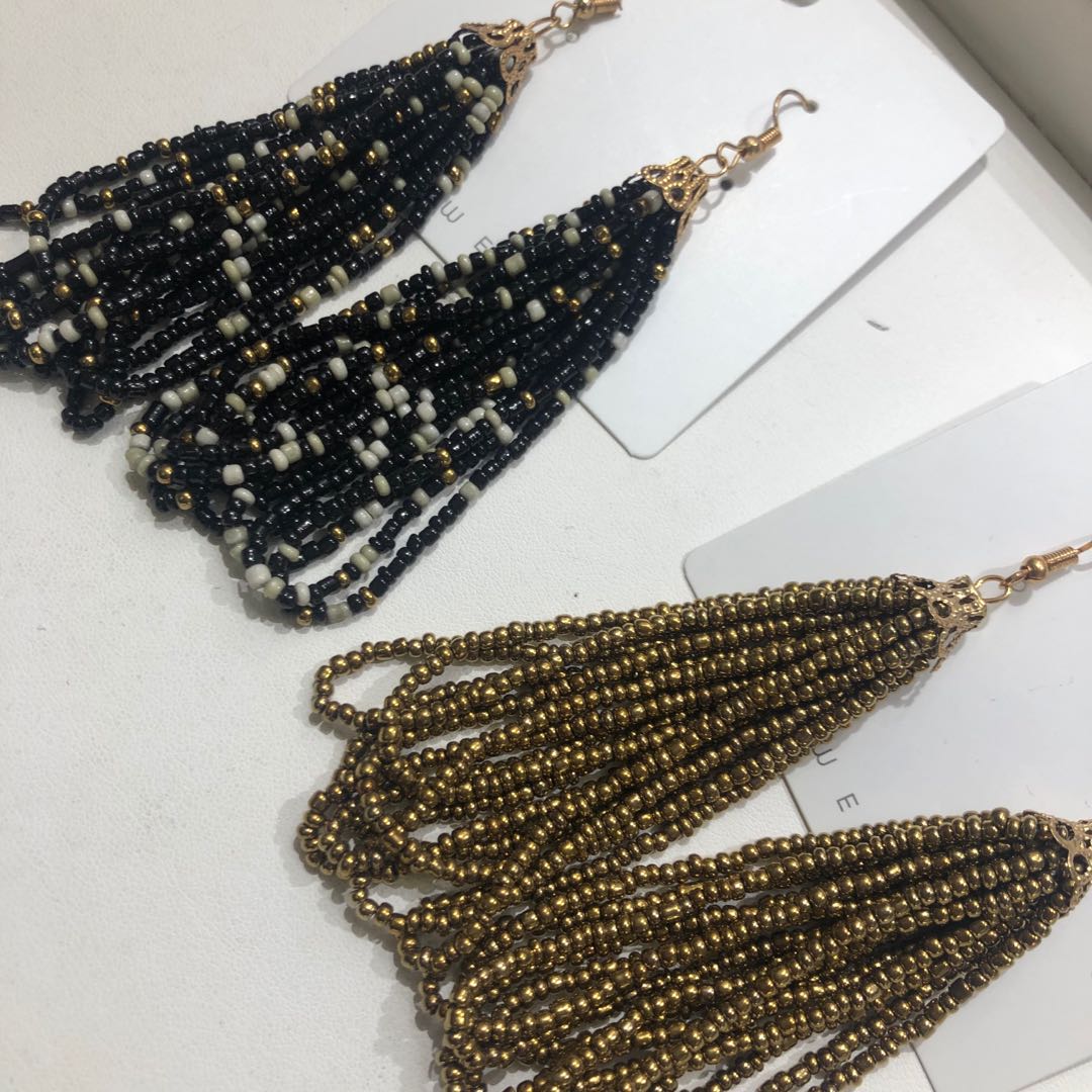 Korean-style simple forest-themed rice bead long tassel earrings, ear loops, fashionable rings, cute, sweet and elegant accessories details Picture