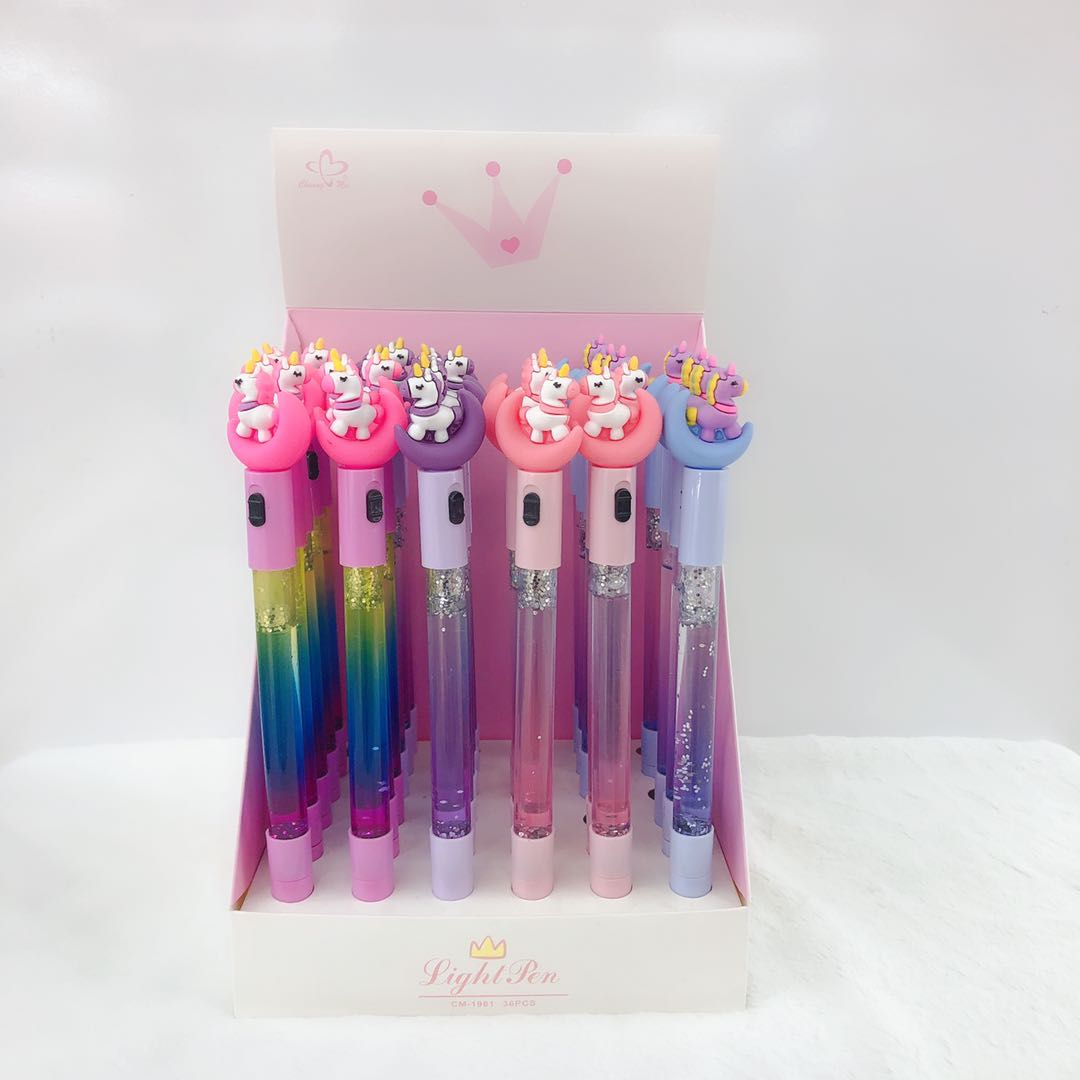 Factory direct sale of flowing sand ballpoint pen with light 2020 Unicorn Shape