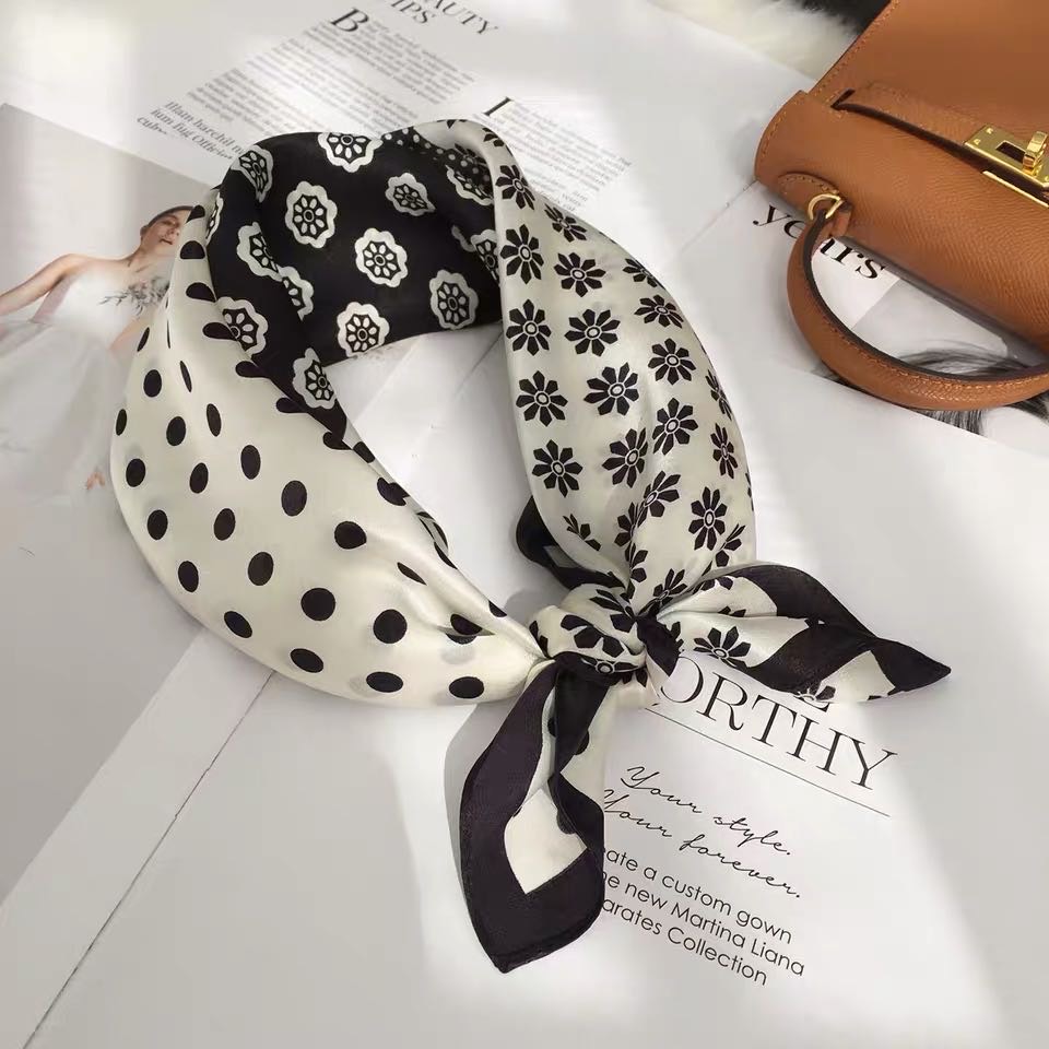 Black And White Pattern Stitching Design Sense Scarf Silk Scarf Small Square Scarf