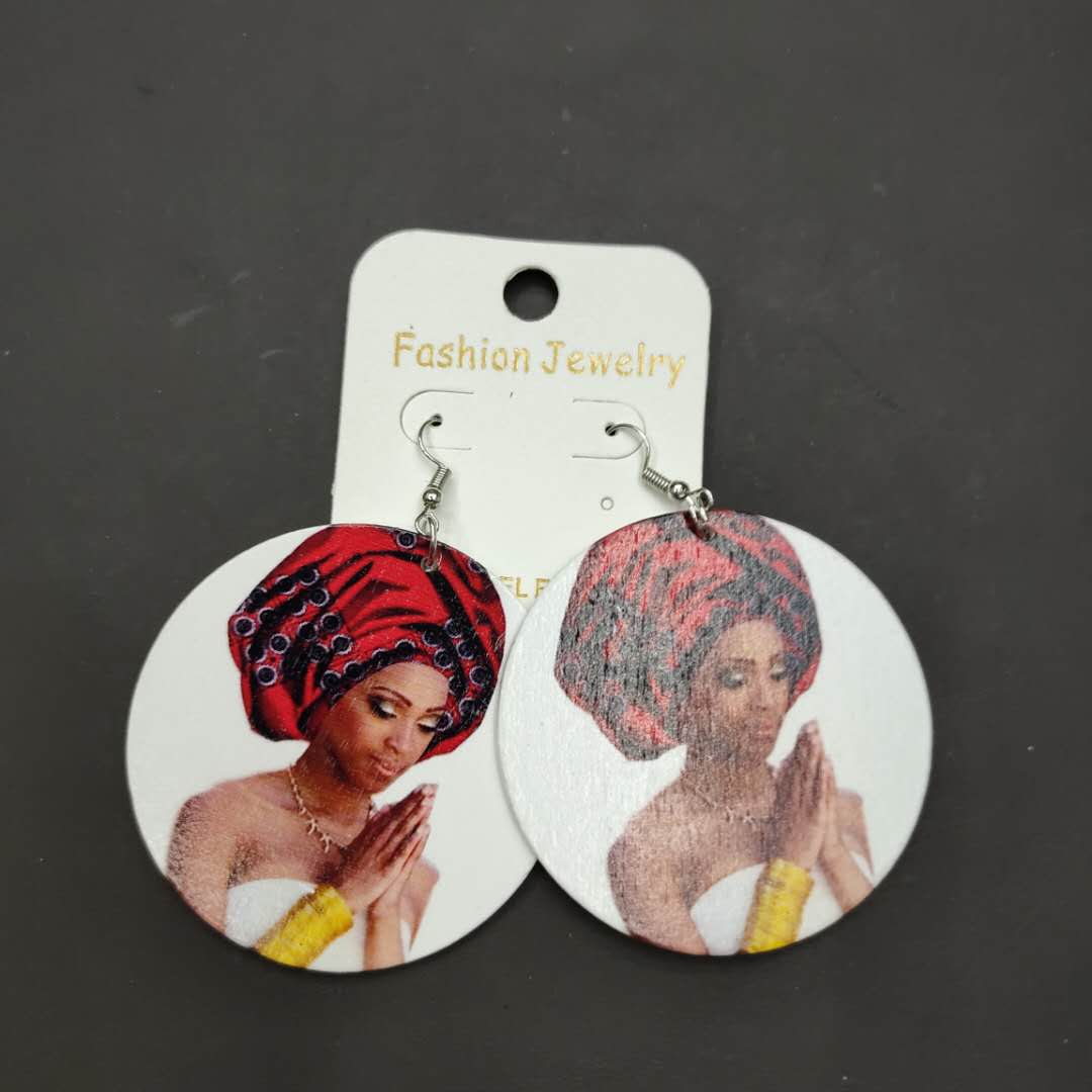 非洲夸张时尚白色圆盘非洲女士图案坠子木质气质耳饰