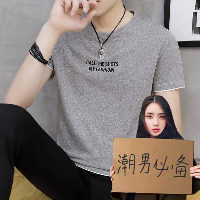 New men's fashion brand embroidered T-shirt, pure cotton summer men's short-sleeved Korean-style loose top, breathable student T-shirt