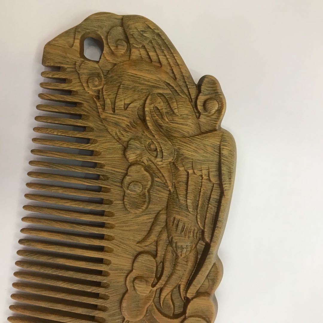 头皮按摩梳子雕凤头部经络梳小号天然绿檀木梳宽齿乳腺梳产品图