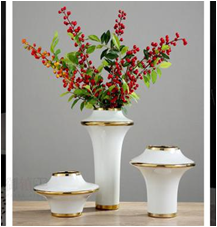 北欧现代哑光拉丝金色配白色创意几何陶瓷花器样板房轻奢花瓶摆件