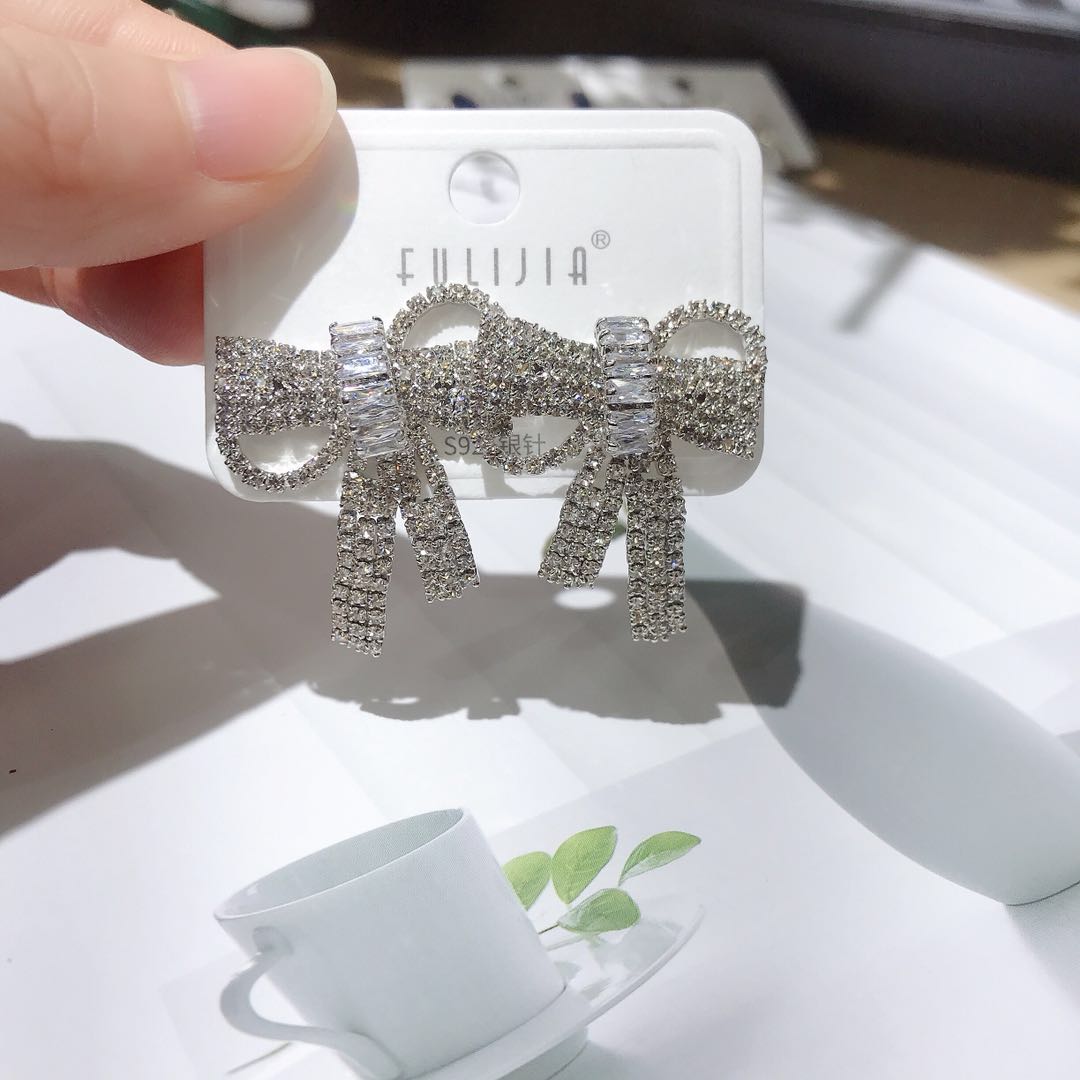 Fashion design bow earrings exaggerated full diamond personality fashion 925 silver needle earrings thumbnail