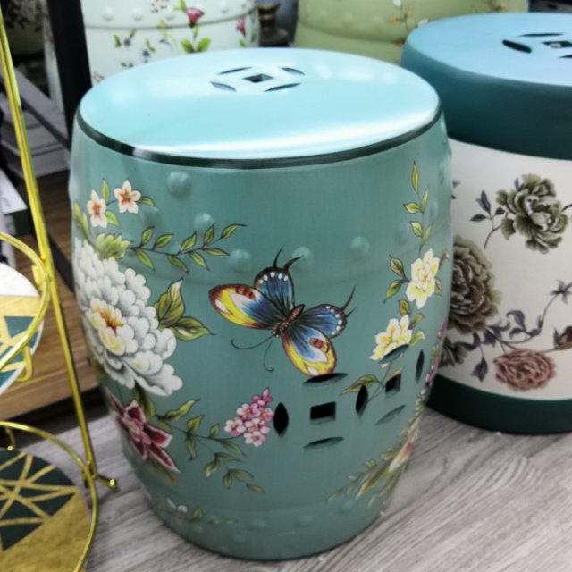 青色蝴蝶款凳子陶瓷工艺品摆件外贸出口