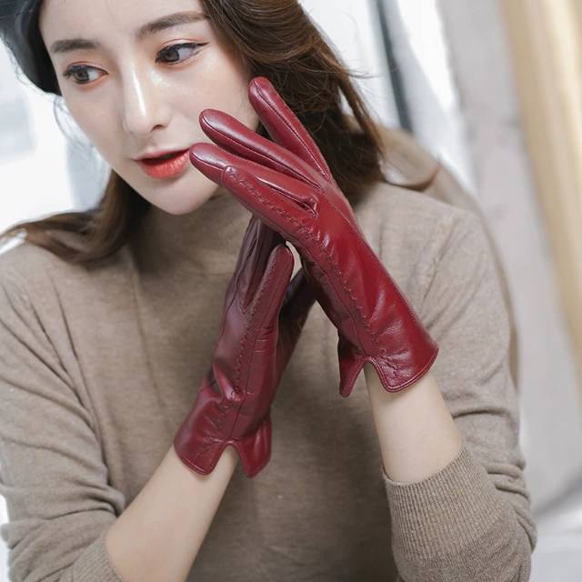 New autumn and winter goat leather gloves for women cycling windproof warm and thick literary women can touch screen