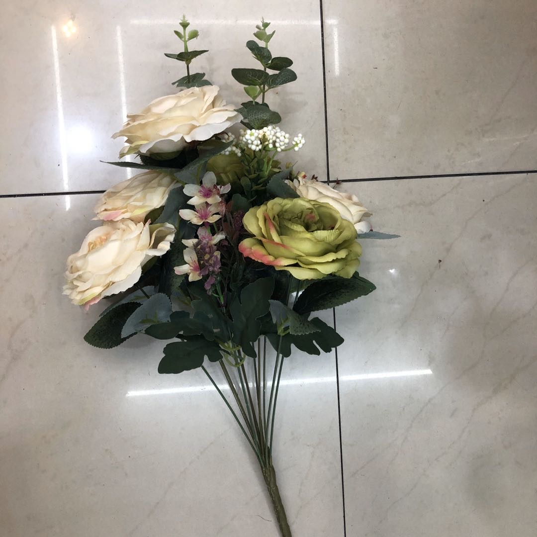 金钱玫多头11叉仿真花束绢布婚庆彩色绢花婚礼插花
