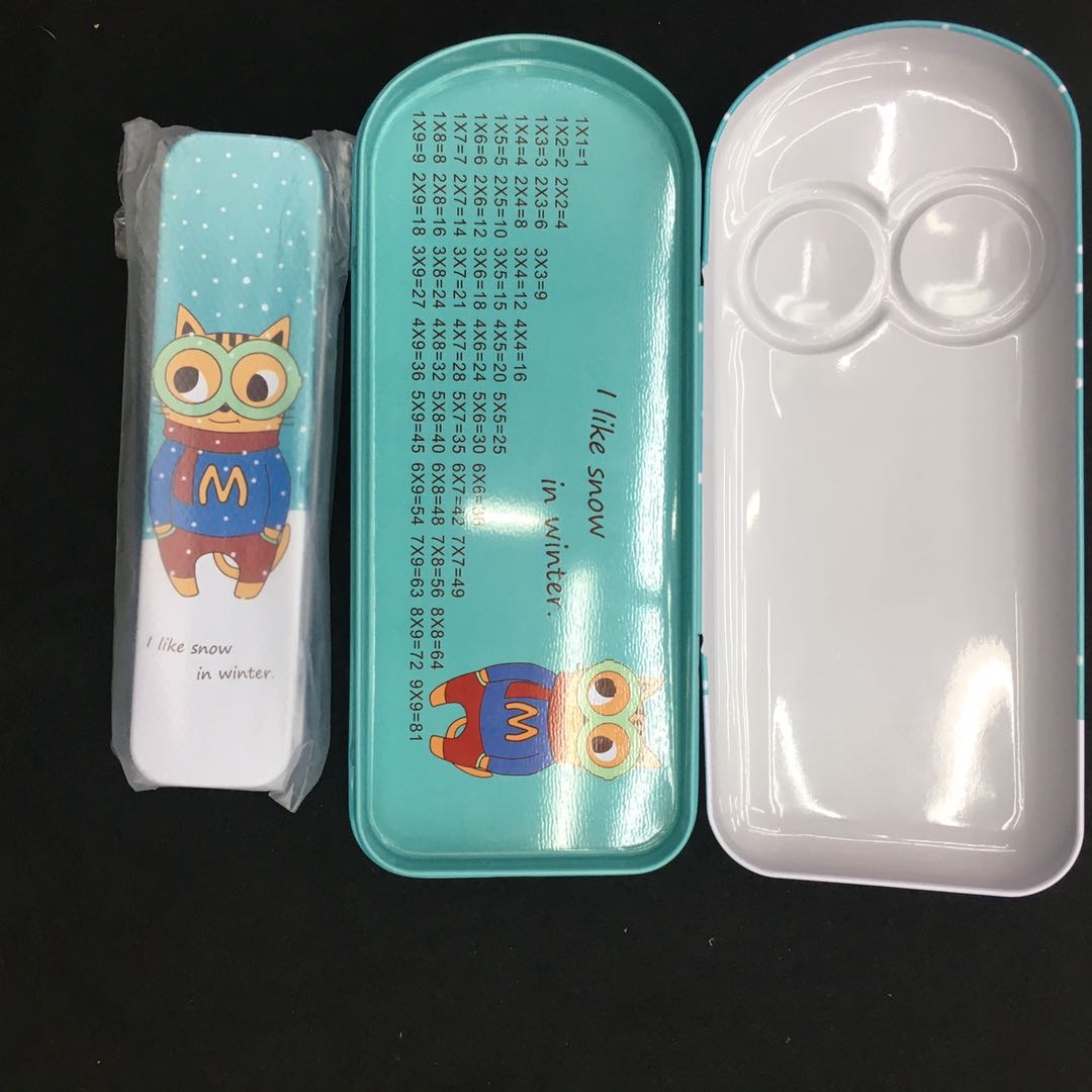 B631猫头鹰双层文具盒可爱卡通铁盒铅笔盒幼儿园小学生用马口铁文具盒