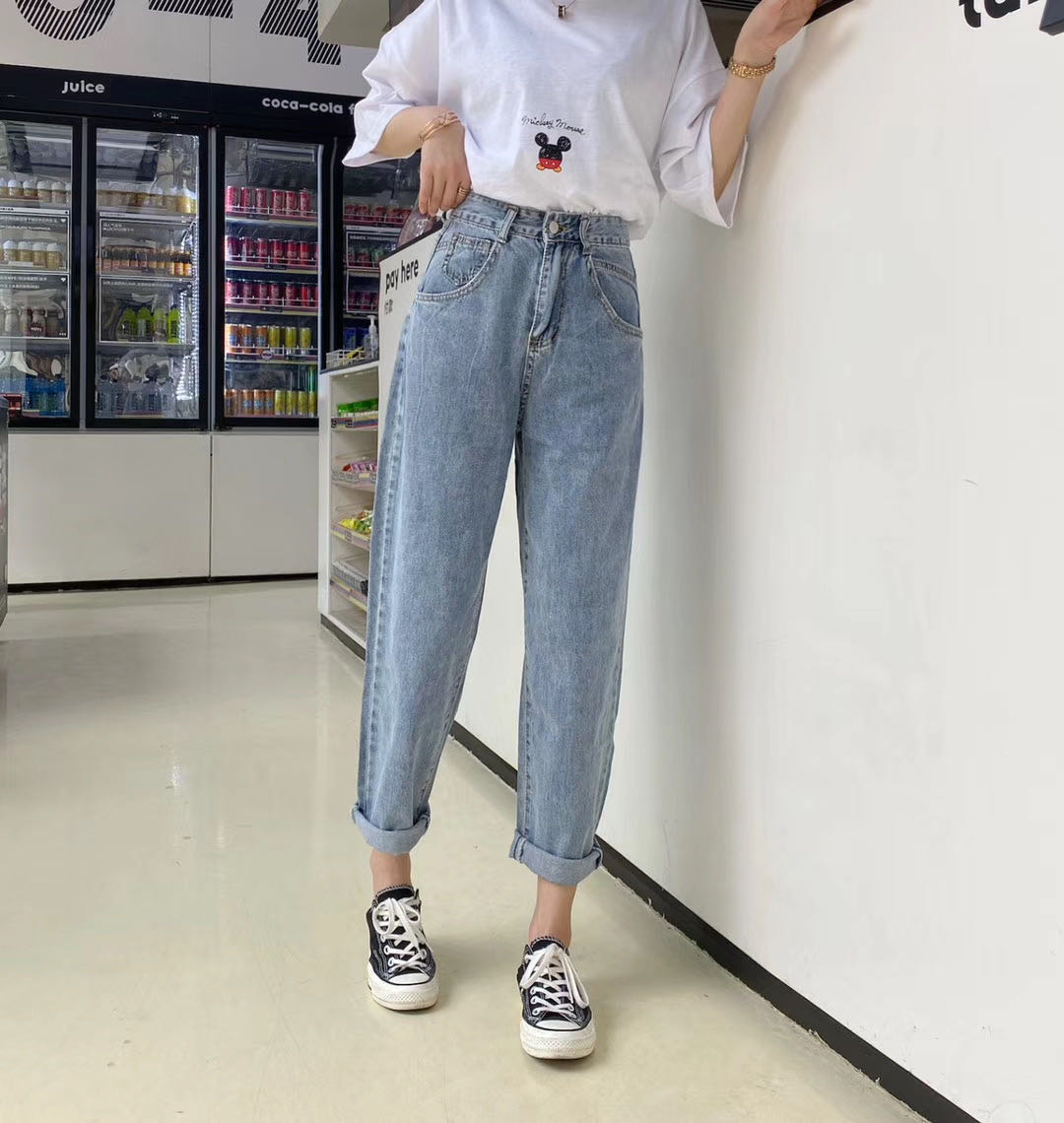 字母宽松牛仔裤高腰休闲长裤小个子学院风网红老爹裤流行细节图