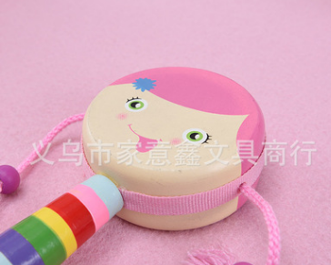 特价热卖爆款木制玩具木头拨浪鼓卡通女孩拨浪鼓细节图