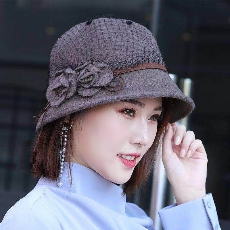 秋冬比翼花钩网翻羊毛尼盆帽复古英伦风帽子