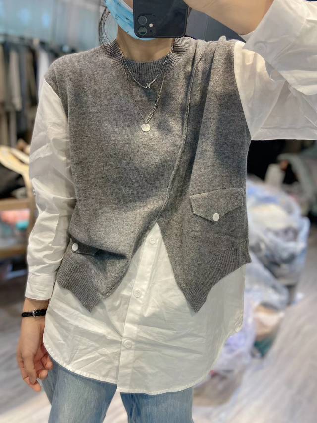黑白范2020春款时尚潮流欧货女装假两件卫衣衬衫袖宽松大版显瘦T