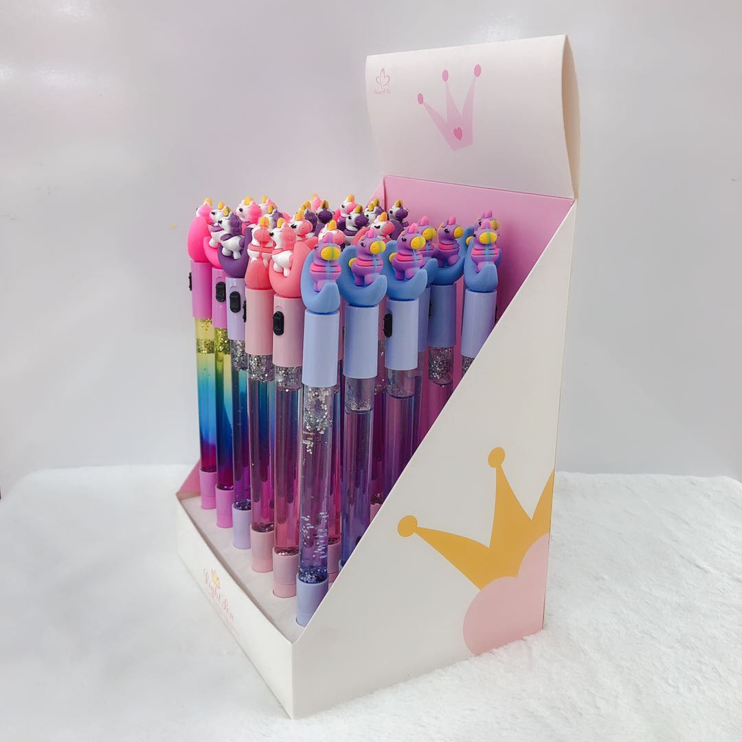 Factory direct sale of flowing sand ballpoint pen with light 2020 Unicorn Shape Specification image