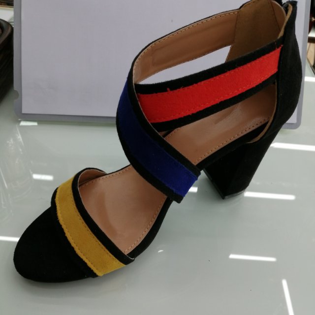 女式PU时装绒面拼色粗跟高跟鞋凉鞋