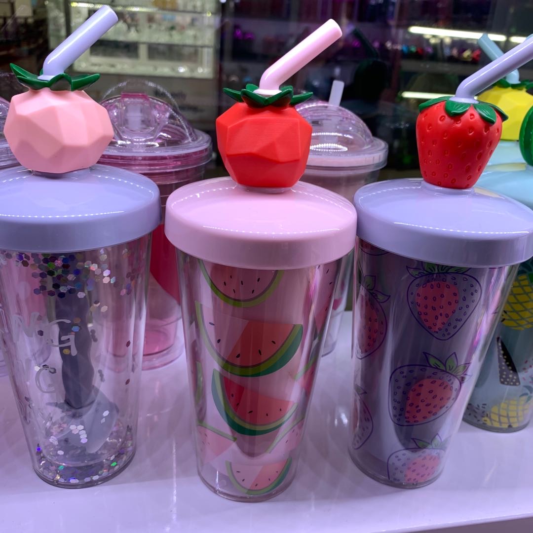粉盖子塑料杯子西瓜款自带吸管学生少女款杯子
