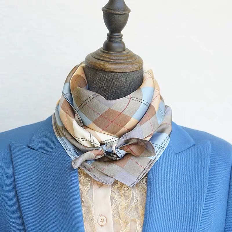 Classic Yellow-Brown Plaid Scarf Silk Scarf Small Square Scarf Ladylike Temperament