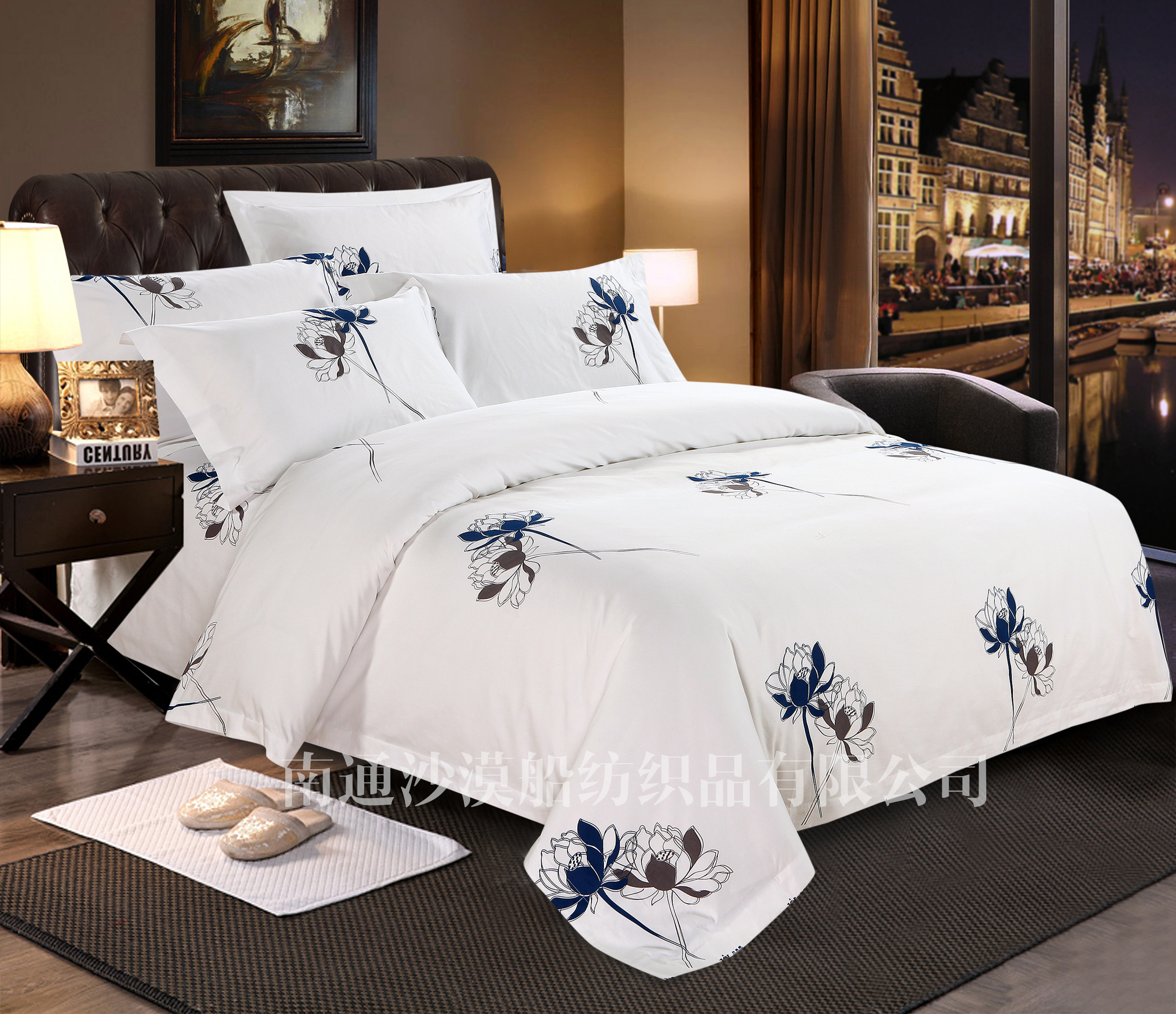Bingti Lotus High-end Hotel four-piece bedding set, made of all-cotton Gongsatin fabric and featuring high-end printing techniques, is a homestay hotel