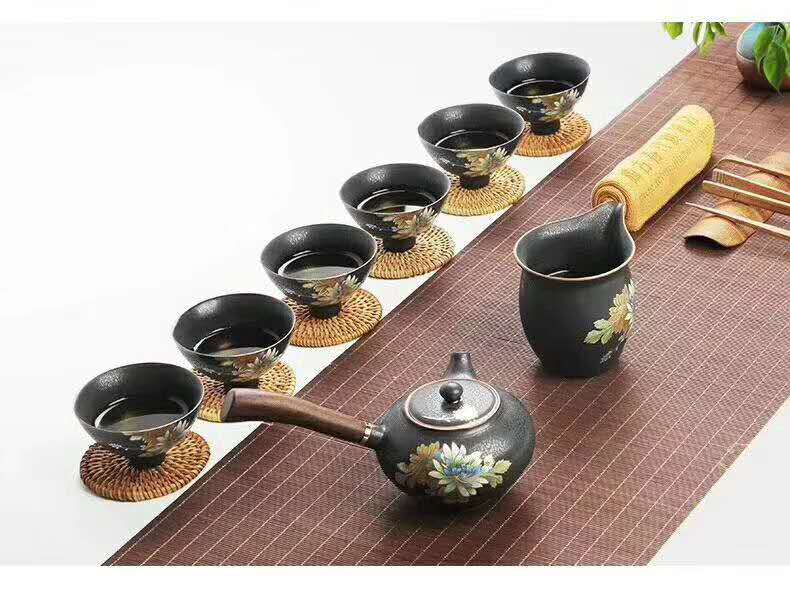 立体扒花复古黑陶家用茶具套装 功夫陶瓷侧把壶礼品茶具细节图