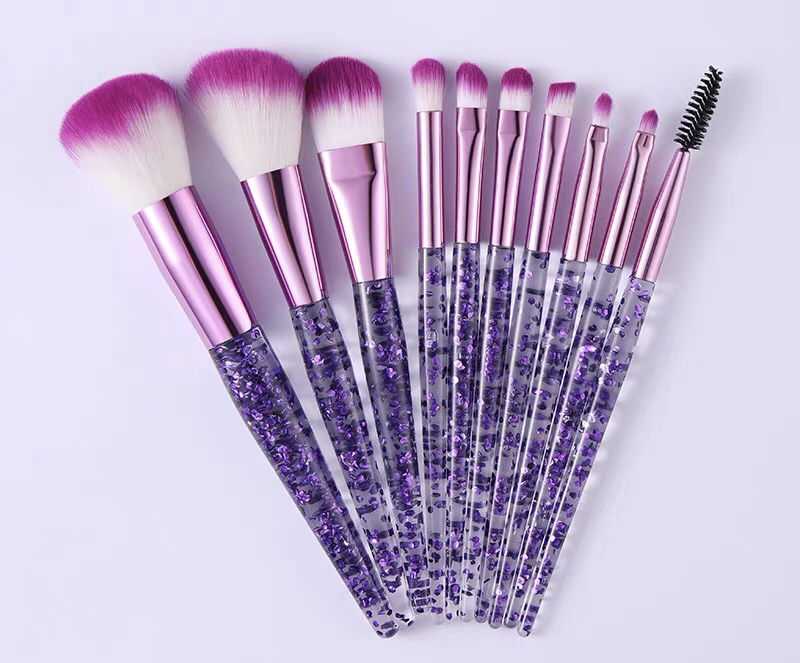 10 pieces of flowing sand crystal makeup set brush, pu wrapped with sequin handle, new product, fiber bristle purple-red aluminum tube makeup tool