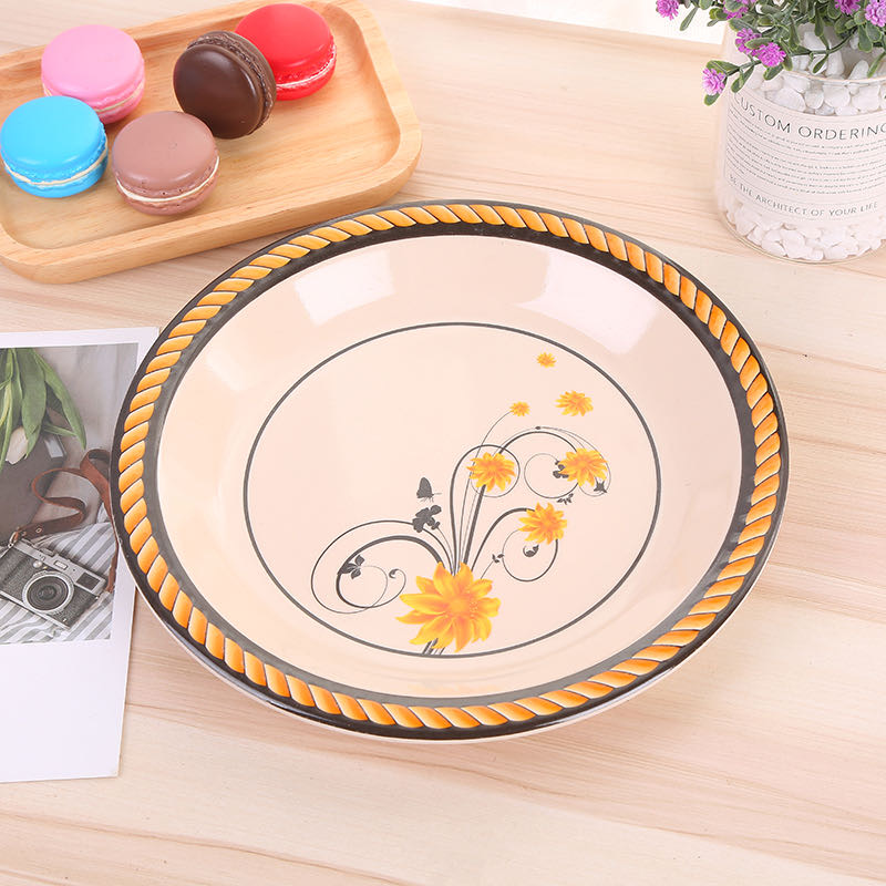 密胺餐具饭店快餐厅防摔10.5寸土黄盘 混花色