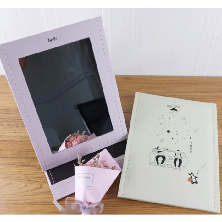 卡通高清镜子台式梳妆镜皮镜台式镜桌面便携折叠镜子