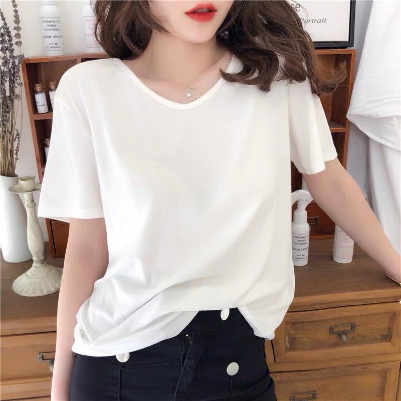 莫代尔短袖t恤女新款韩版网红V领宽松半袖T恤上衣白色打底衫详情图1