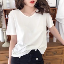莫代尔短袖t恤女新款韩版网红V领宽松半袖T恤上衣白色打底衫