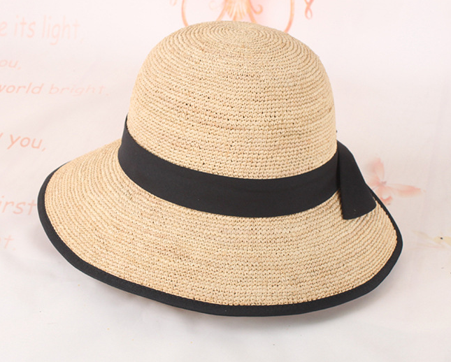 草帽女遮阳帽手钩拉菲草帽女士出行沙滩帽蝴蝶结防晒盆帽批发