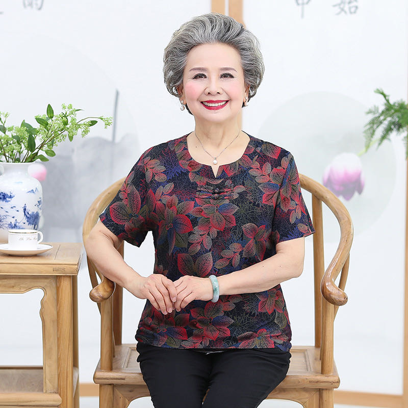 中老年人夏季棉绸短袖套装女奶奶装衣服妈妈时尚两件套