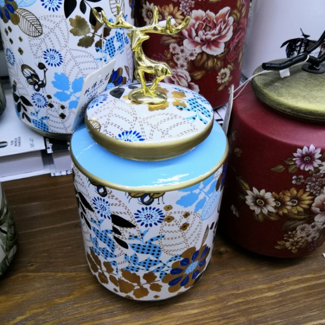 蓝色小清新花纹款收纳罐陶瓷工艺品摆件外贸出口