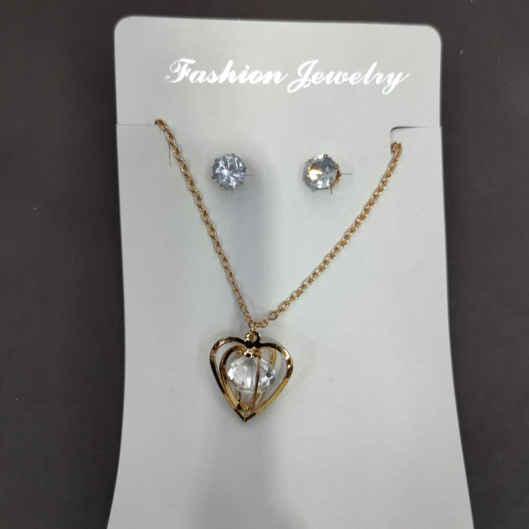 Selling Classic Lady Temperament Gold Alloy Love Jewel Necklace Crystal Stud Earrings Set Chain